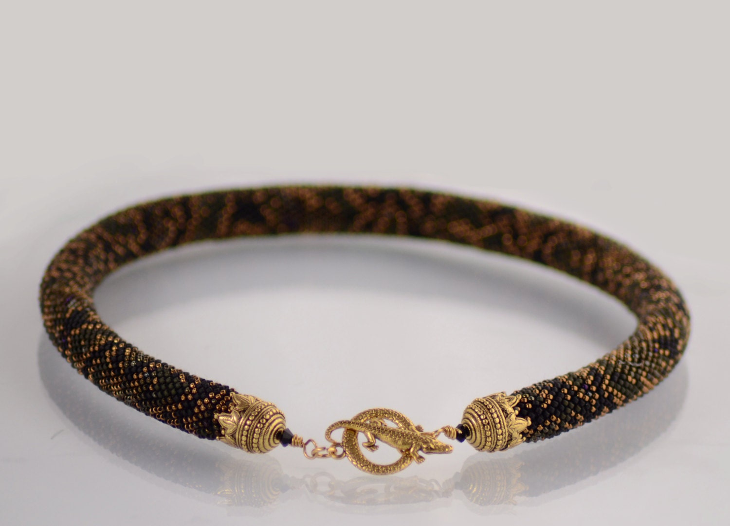 Bead Crochet Necklace " Python pt.2" Black  Bronze  patina  Super gift for Chinene New Year  Jewelry  Beadwork  Made to order