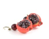 POMEGRANATE earrings  Polymer clay  Natural Garnet  Miniature Fruit Red Bronze Jewelry  Super gift  Art Deco