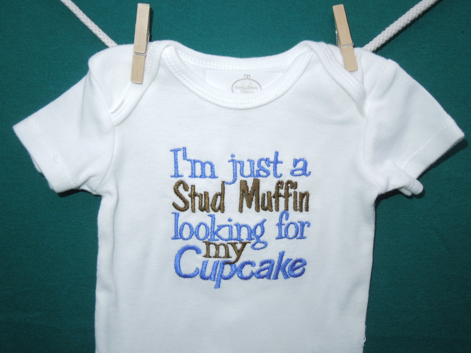 I'm just a Stud Muffin looking for my Cupcake machine embroidery design on onesie