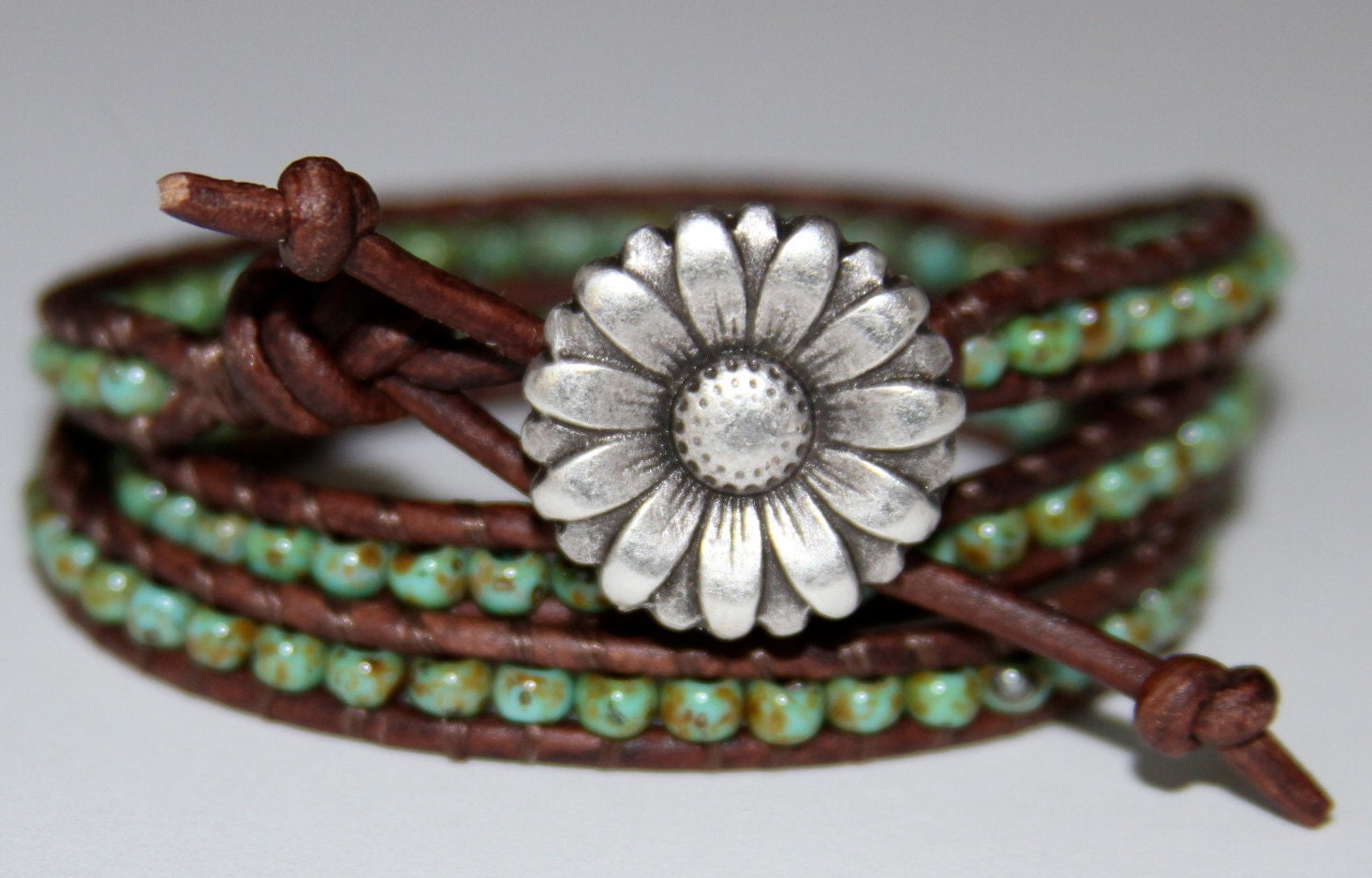 Leather Wrap Bracelet, Country Chic, Rustic Turquoise, Sunflower, 3x wrap bracelet, bohemian. beaded bracelet jewelry