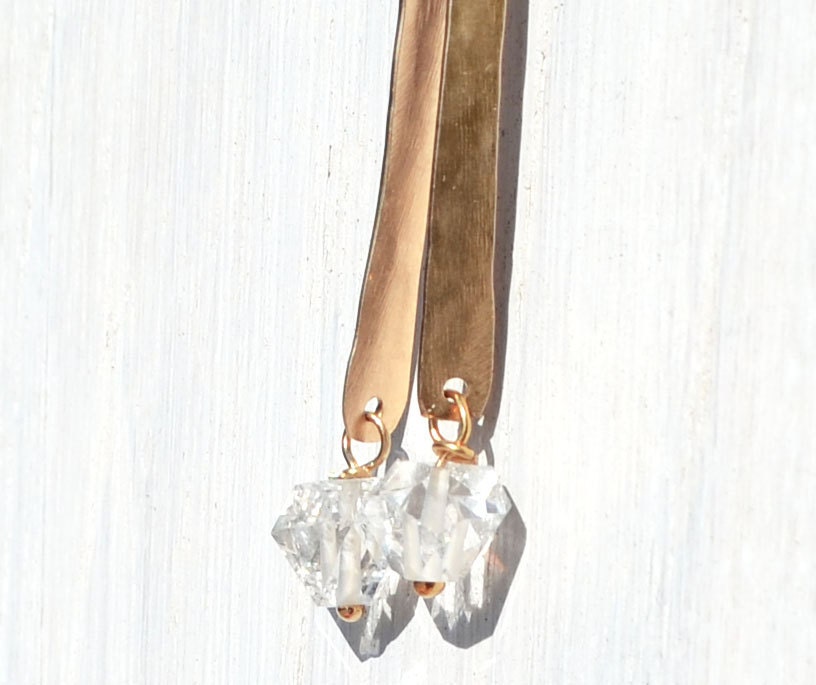 April Birthstone - Herkimer Diamond Bar Drop Earrings - in 14k Yellow Gold, Rose Gold, or Sterling Silver