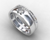 Engagement ring set, Diamond ring, bezel, half eternity band, diamond wedding, modern engagement ring, custom, unique, pave
