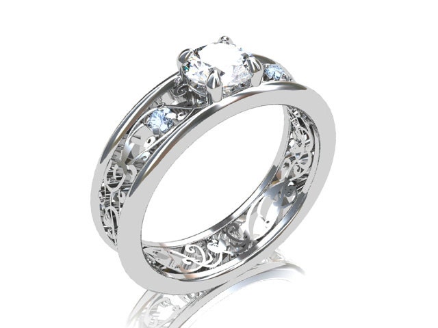 white sapphire ring, Aquamarine engagement ring, filigree ring, vintage style, sapphire engagement, unqiue, wedding ring, white gold