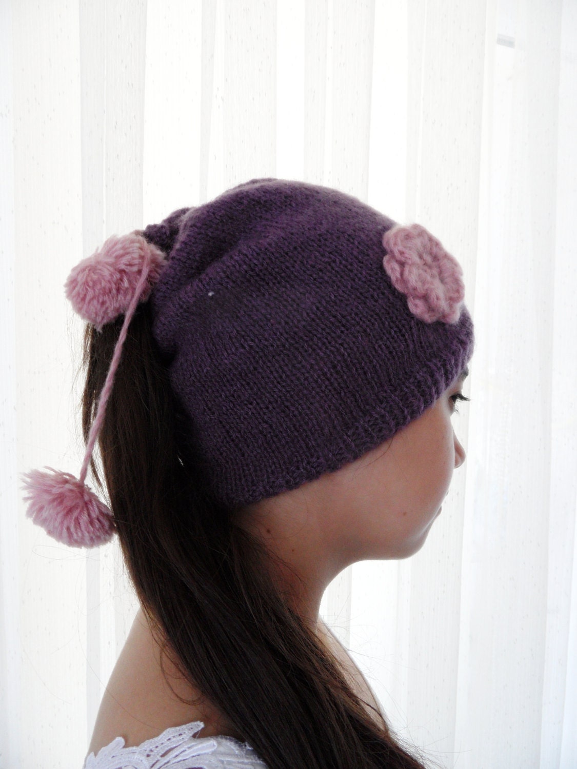 purple, pastel pink floral braid hats,  handmade hats,teen  girls hats, 2013 trends, unusual, stylish, casual, hat valentine day gifts,
