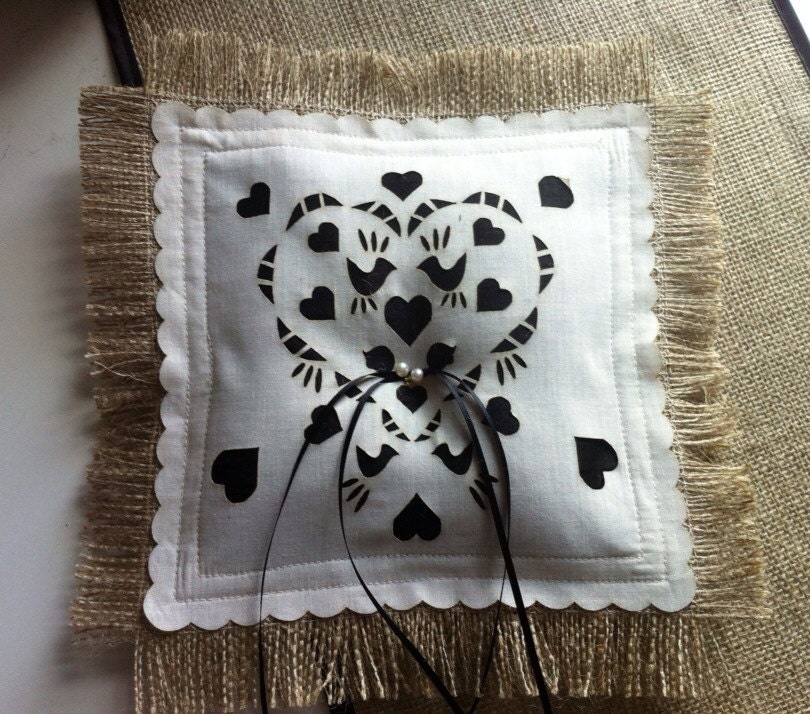 Ring bearer pillow with burlap, silk and pearls, Halloween wedding decor