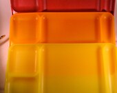 Three Vintage red, orange, and yellow colored, plastic Tupperware trays simple storage solution picnic trays Funky Retro Colors