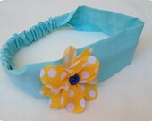 Handmade acqua headband with gipsy polka dot yellow flower. Spring celebration gift, gipsy style hair accessory