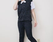 Vintage 80s Black and White Knit Polka Dots Bow Womens Short Sleeve Tshirt // Small Medium