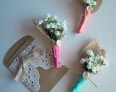 Wedding Boutonniere, Baby's Breath, Grooms Boutonniere, Groomsmen, Summer Wedding, Coral, Aqua, Raspberry
