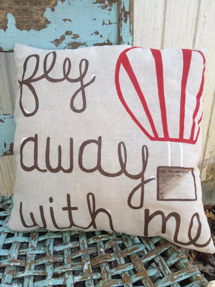 fly away with me hot air balloon pillow- fiber filled. so cute handmade & handpainted. Great for a nursery