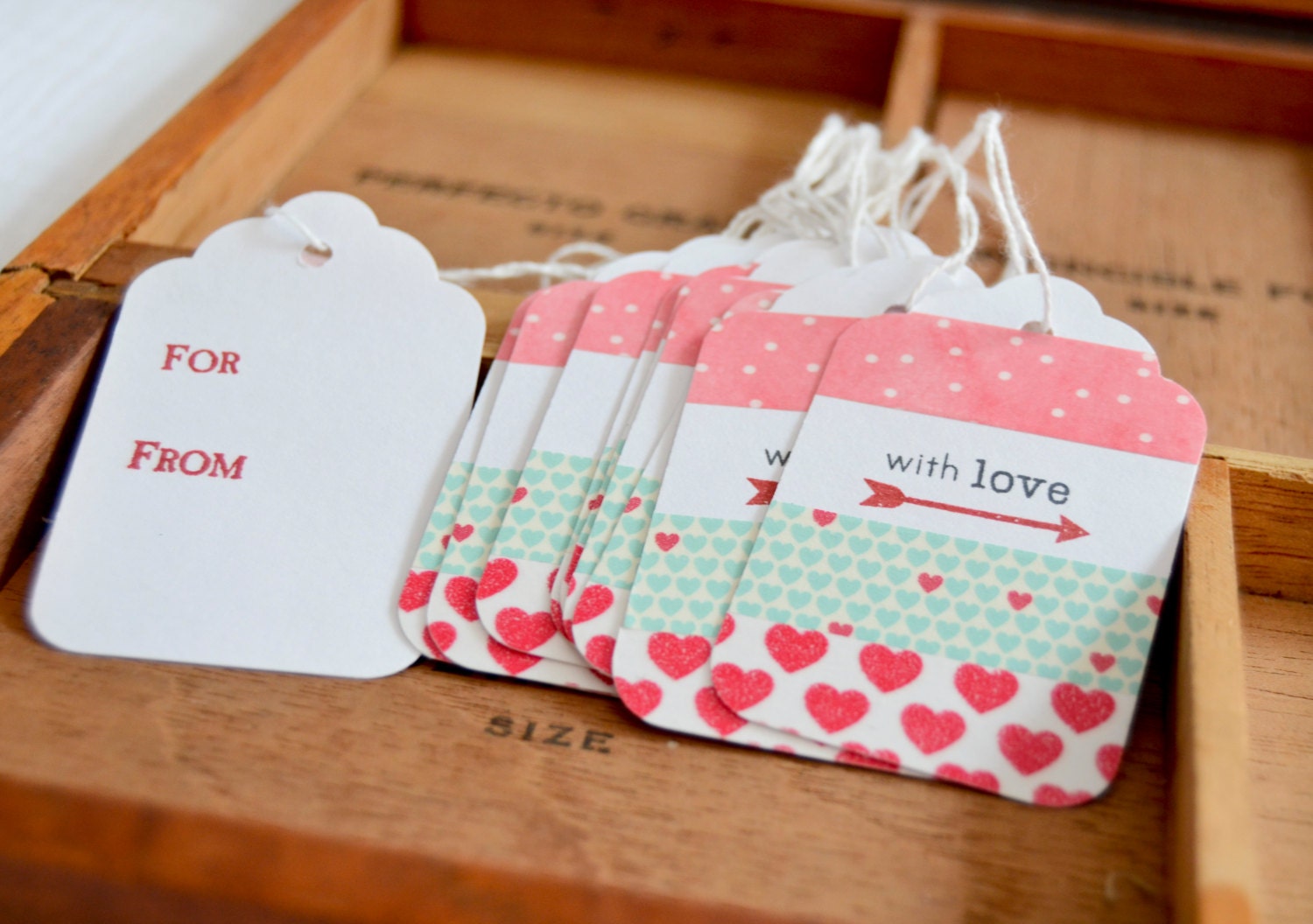 Set of 10 Valentine Gift Tags Red Aqua Pink