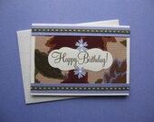 Boho Happy Birthday Vintage Floral Fabric Birthday Card in Lavender, Olive Green & Earth Tones, 3 1/2 x 4 7/8