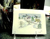 Winter landscape  "61/2 by 5"  pen and ink origianal drawing