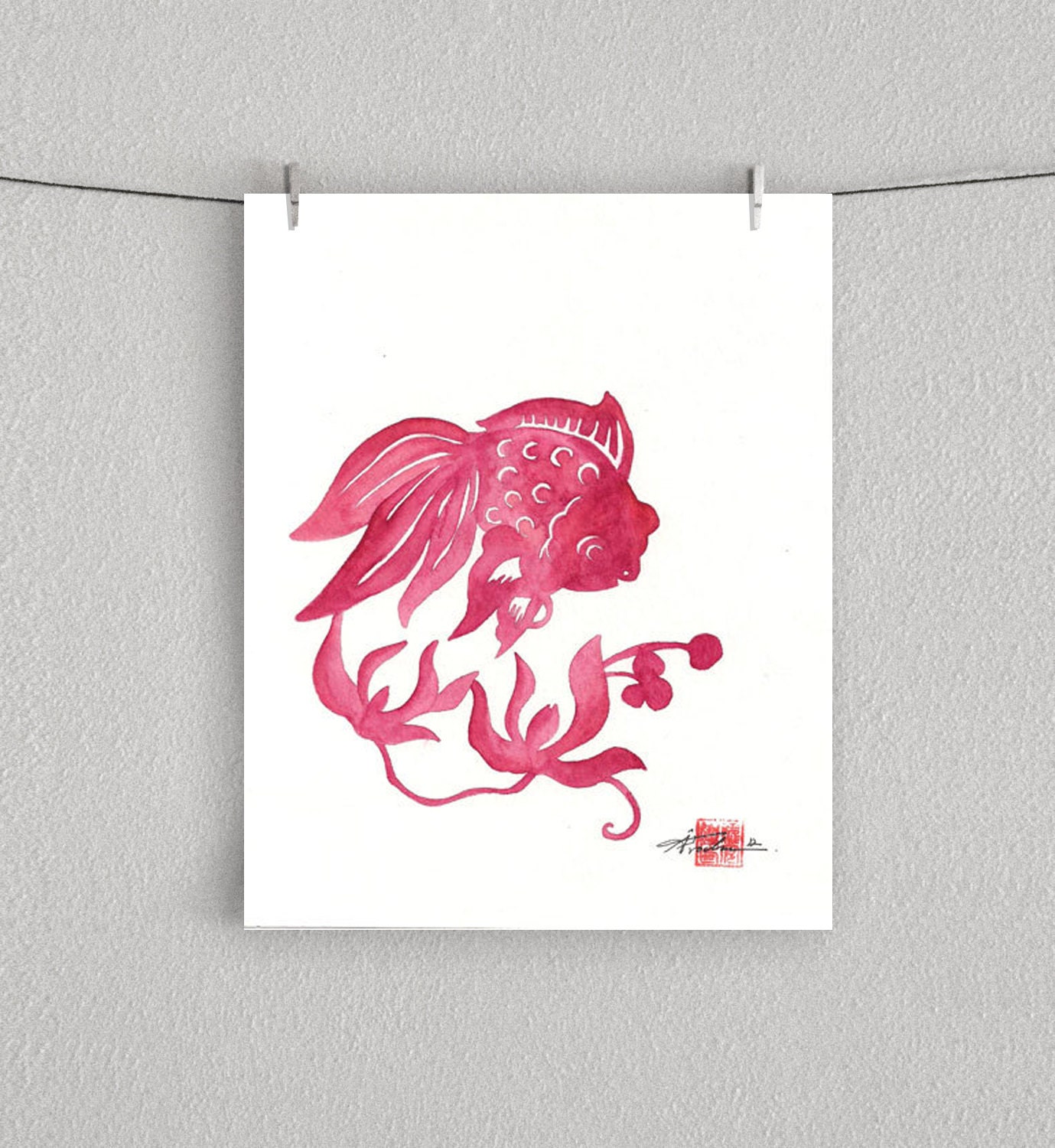RED GOLDFISH, Chinese Paper cut Goldfish with Flowers Watercolor - 8" x 10" Print