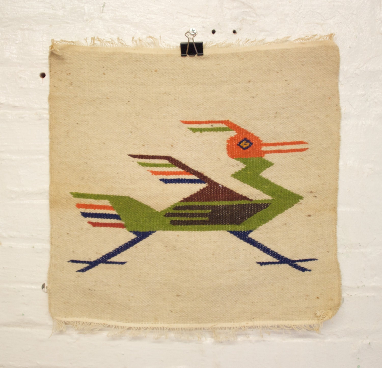 Vintage Fringed Wool Southwestern Road Runner Rug Chimayo
