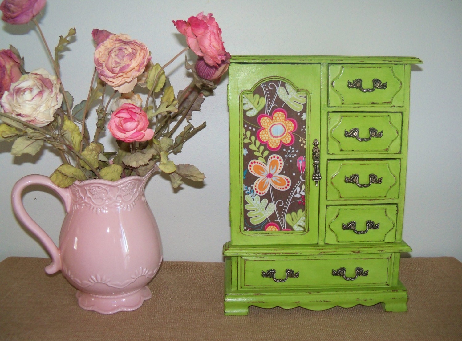 Very Large Upcycled Vintage Wood Distressed Shabby Jewelry Box with Flowers, Hand Painted in CeCe Caldwell 'Spring Hill Green' Chalk Paint