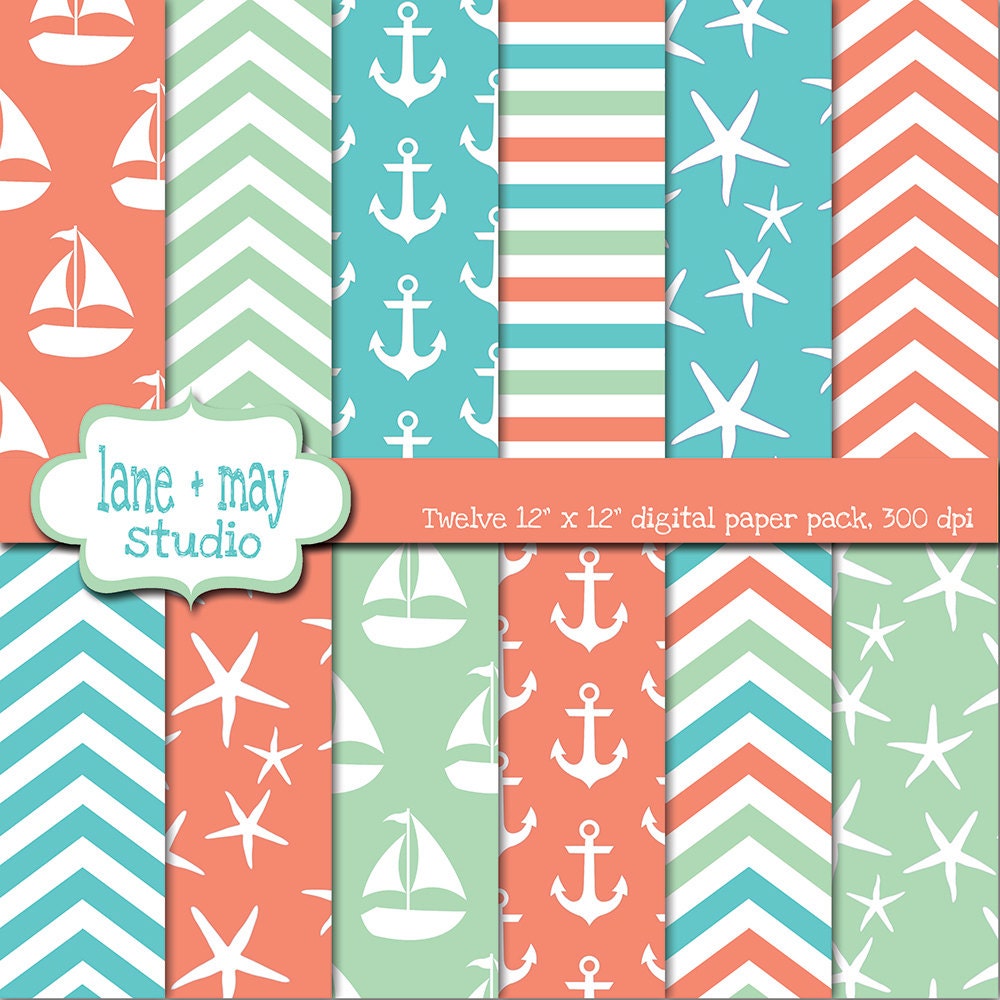 aqua, sea glass and coral nautical / beach digital scrapbook papers