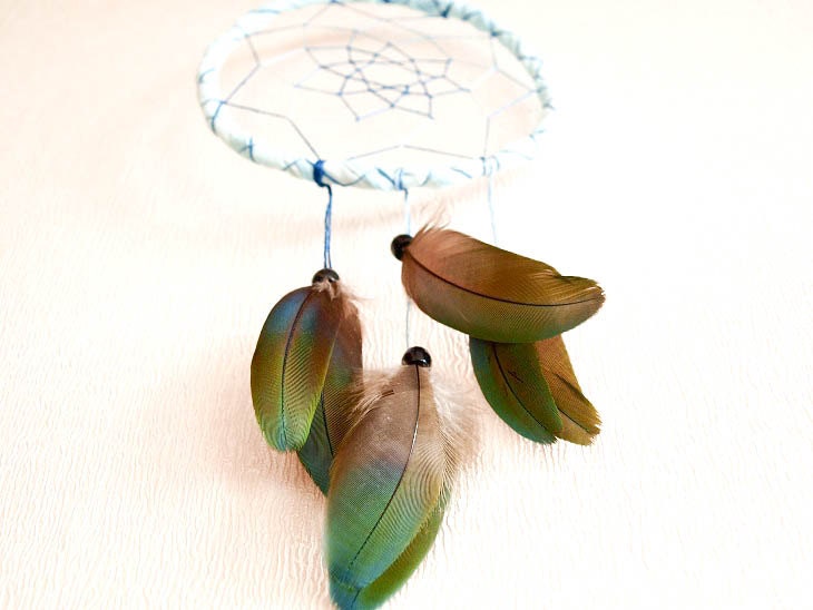 Dream Catcher - Magic Colours - With Exotic Green and Turquoise Parrot Feathers, Light Blue Frame and Blue Nett - Home Decor, Mobile