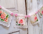 Pink rose garland shabby chic postcard style with lace doilies wall banner home decor Anita Spero
