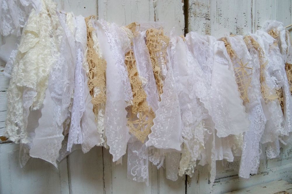 Shabby chic fabric garland white cream eyelet lace crochet very full home decoration Anita Spero