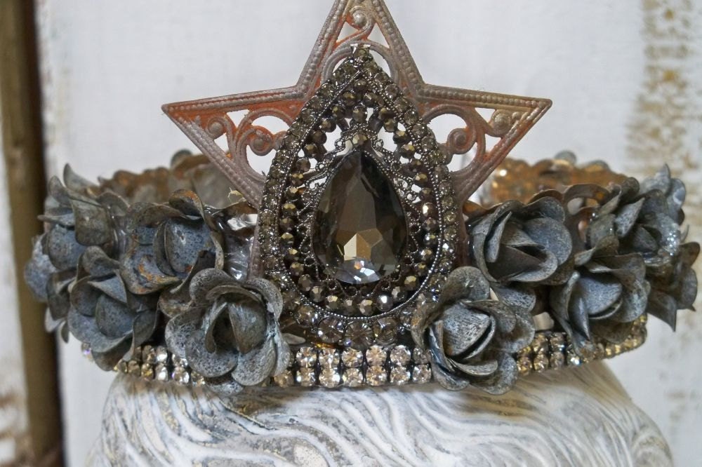 Embellished crown handmade metals gems rhinestones for statues home decor French Santos style Anita Spero