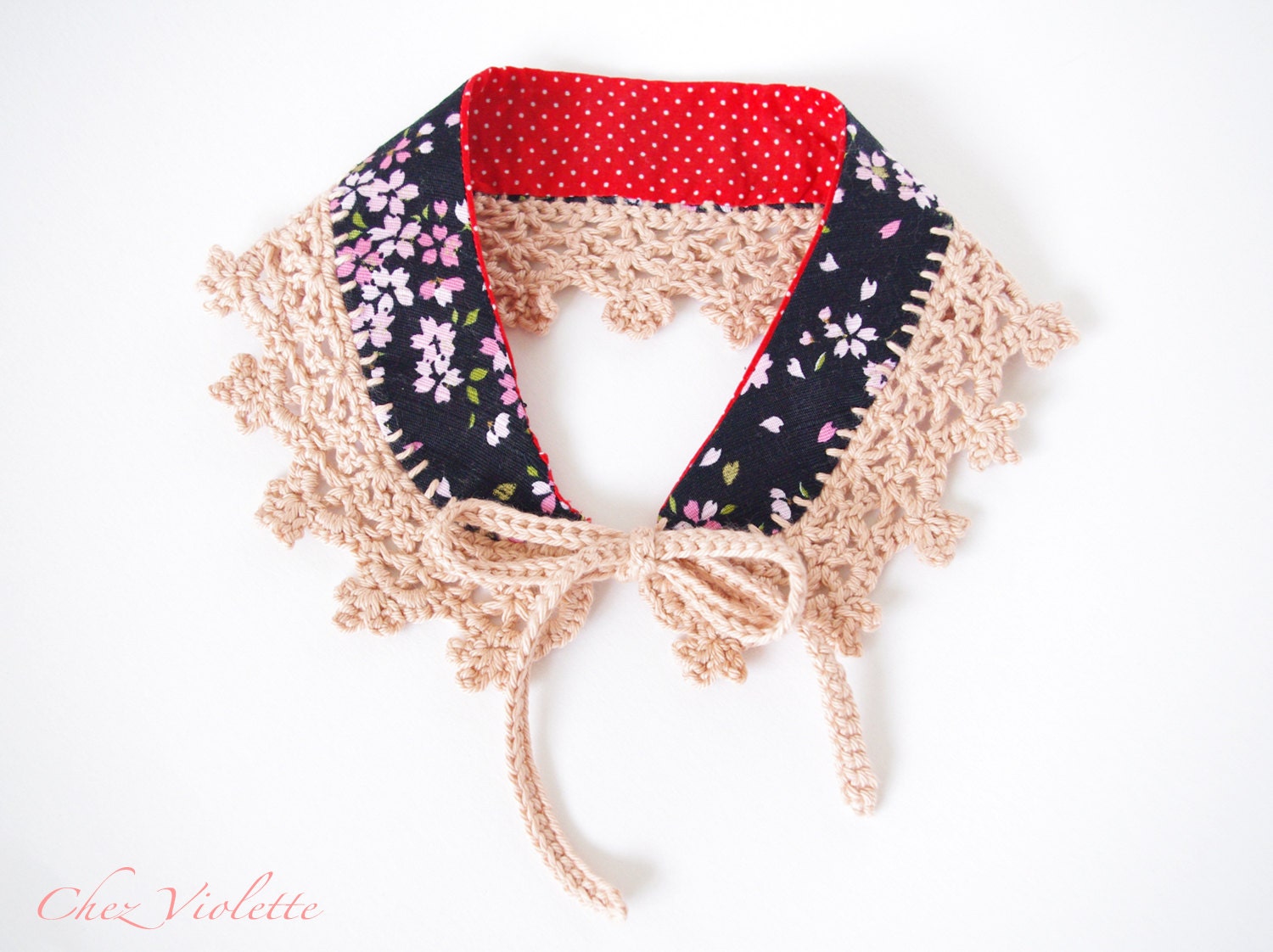 Peter Pan Collar crochet Lace Japanese fabric Pink Black Necklace Handmade