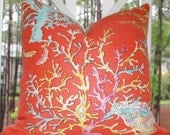 Decorative Designer Pillow  - 20 x 20 Red Pink Blue Yellow Coral Koi Multi Colored Pillow Cover- Coral Throw Pillow