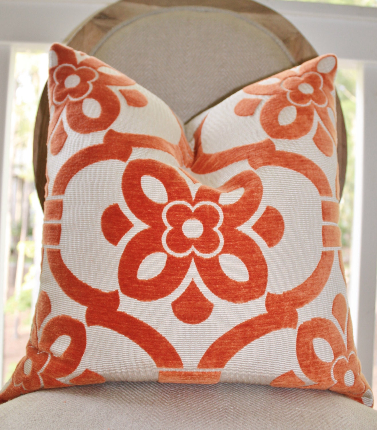 Designer Blue Pillow - Deep Orange Geometric Medallion Pillow Cover -  Tangerine Pillow - Modern Floral Geometric Orange  Pillow