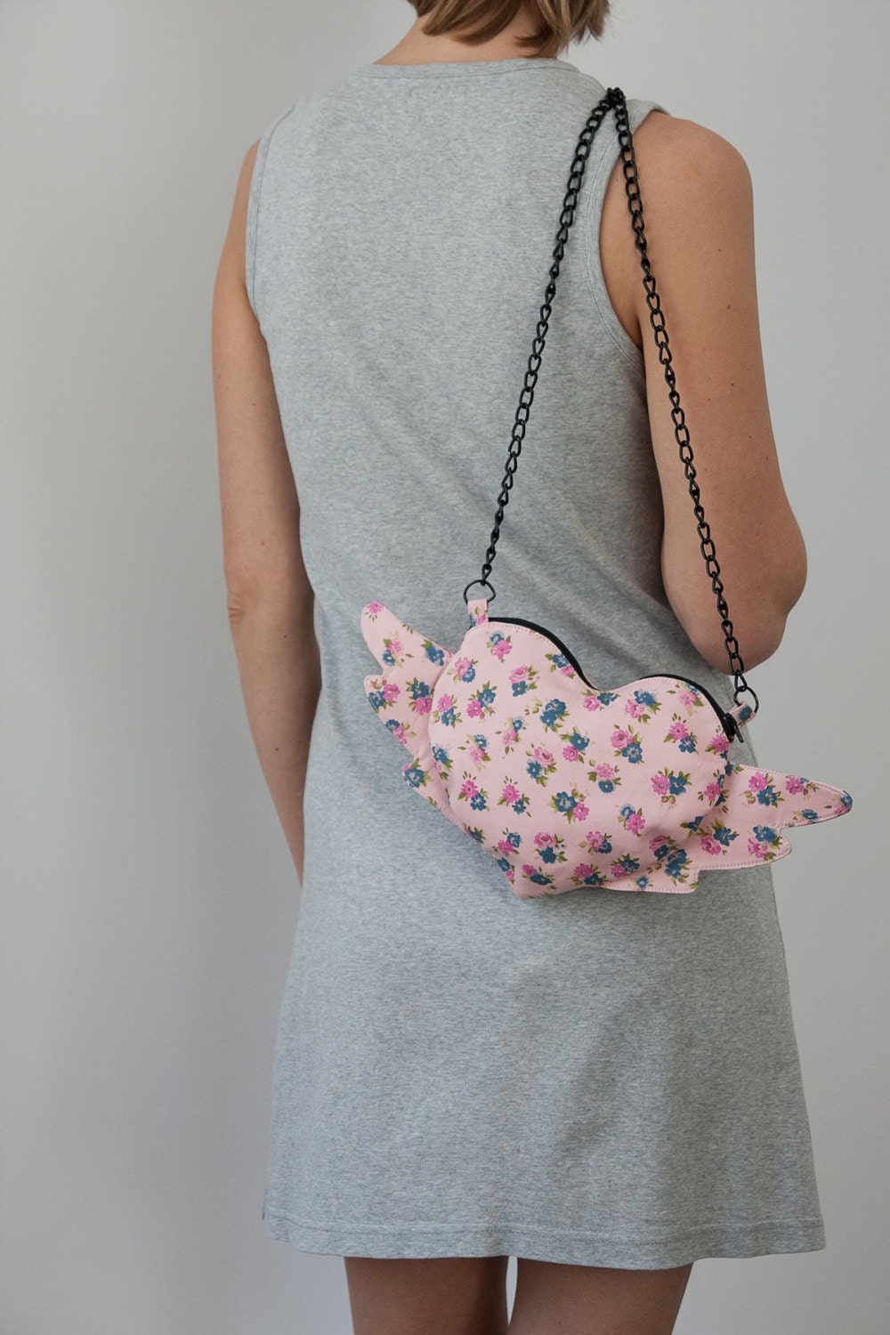 RESERVED FOR CRISTY Floral Pastel Pink Winged Heart Purse Chain Purse Flying Heart Boho Chic Romantic Bag Purse Boho Wedding Shabby Chic