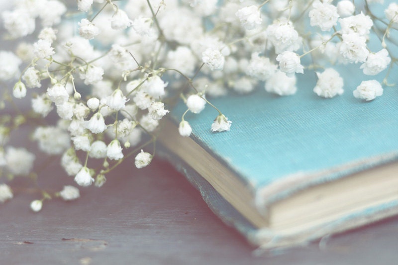 Blue Book and Babys Breath Print, Turquoise, White Decor, Color Fine Art Photography, 8x10 Wall Print