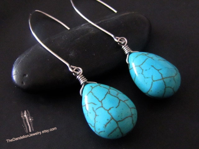 SALE, 10% OFF: Branch and howlite turquoise briolette lariat necklace in white gold, branch necklace, turquoise necklace, turquoise pendant
