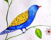 Bird Painting Bird Watercolor Gouache Ink Bird Drawing Blue Yellow Bird Wall Art Contemporary Art Bird Flowers Landscape Animal Art