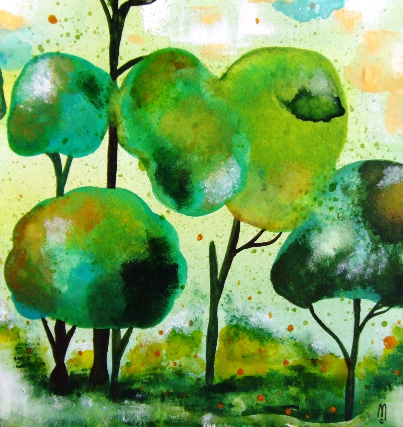 Landscape Original Painting Gouache Ink Watercolor Landscape Trees Contemporary Art Abstract Art Landscape Decor Green Wall Art Fine Art