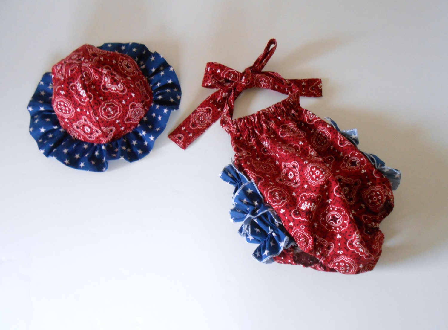 Baby Toddler Girl Romper Sun Suit Jumpsuit Patriotic Western 4th of July Red White Blue Bandana Stars Size 12-18 Mos--Ready to Ship
