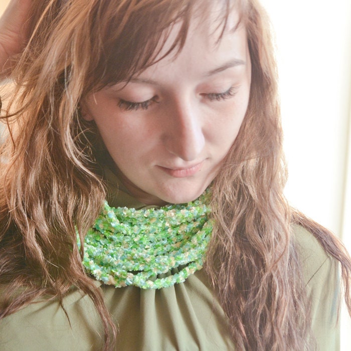 Green, blue and yellow fuzzy knitted necklace - neckwarmer - scarf