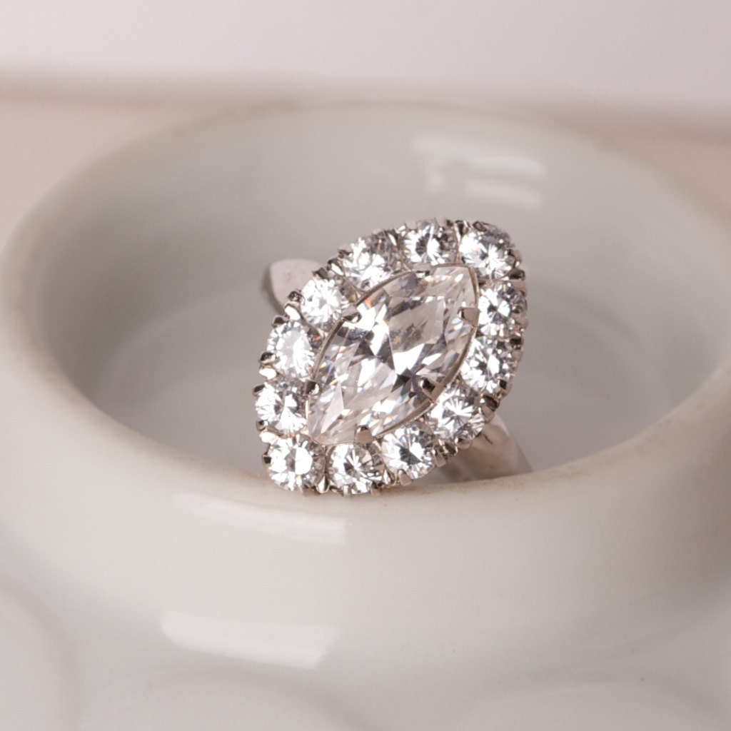 Vintage Rhodium Plated Cubic Zirconia Ring