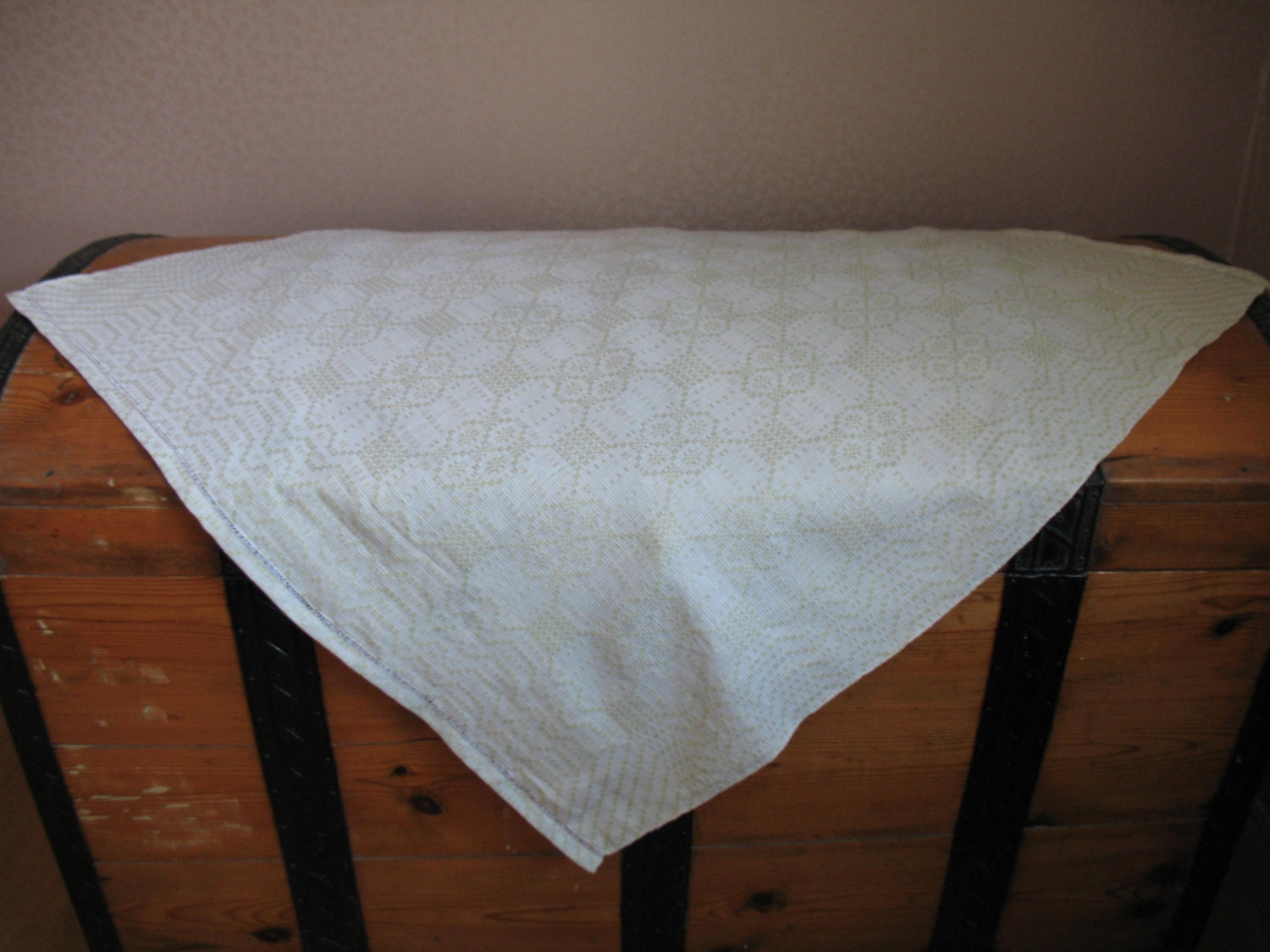 Hand woven green linen tablecloth