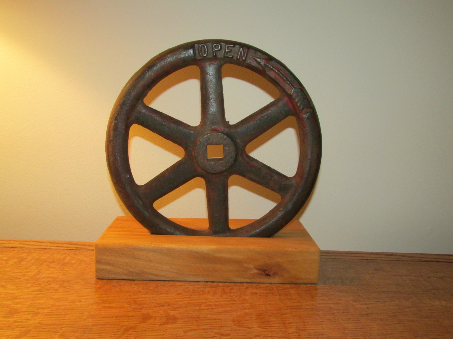 Vintage Industrial Steam Valve IRON WHEEL with Custom Wood Stand Old Factory Metal Gear Steampunk