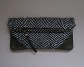 fold-over clutch, tweed and leather