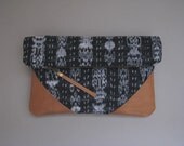 fold-over clutch, leather, ikat