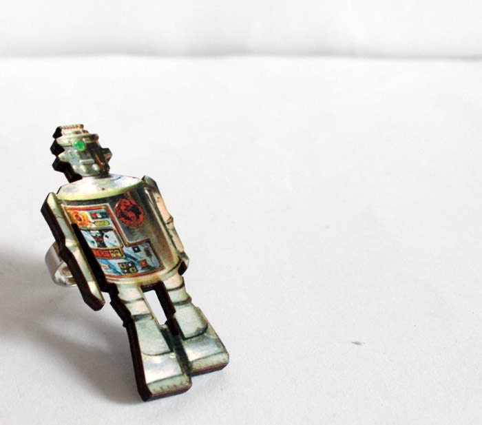 Silver Robot Ring, Nerd Jewelry, Wooden Handmade Jewellery with Large Robot, Adjustable Hipster Jewelry