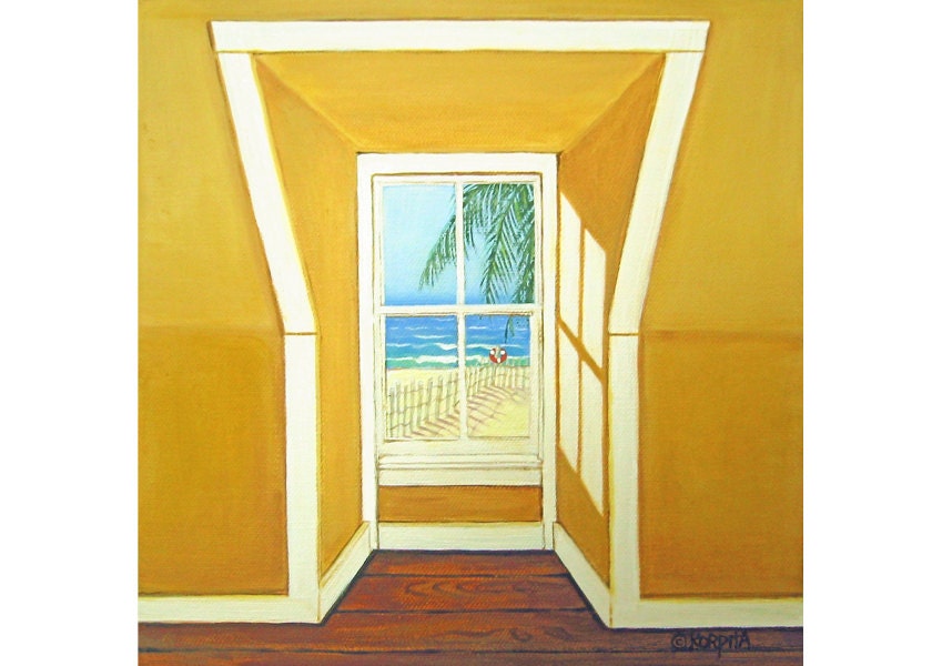 Window to the Sea - Ocean Beach Seashore Coastal Glicee Print Palm Tree Picket Fence from original painting Korpita ebsq