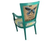 Chevron French Louis XVI Bergere Arm Chair Upholstered in Burlap Coffee Sack Indigo Butterfly Ikat Colorful Handmade Armchair Seating