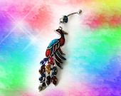 SALE---Belly Ring, Multi Colored Rhinestone Silver Peacock, Belly Button Ring, Belly Button Jewelry for Her