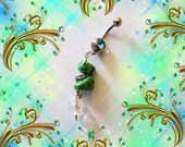 SALE-Belly Ring, Dangling Genuine Green Turquoise Stones, & Swarovski Crystal, Belly Button Jewelry, For Her