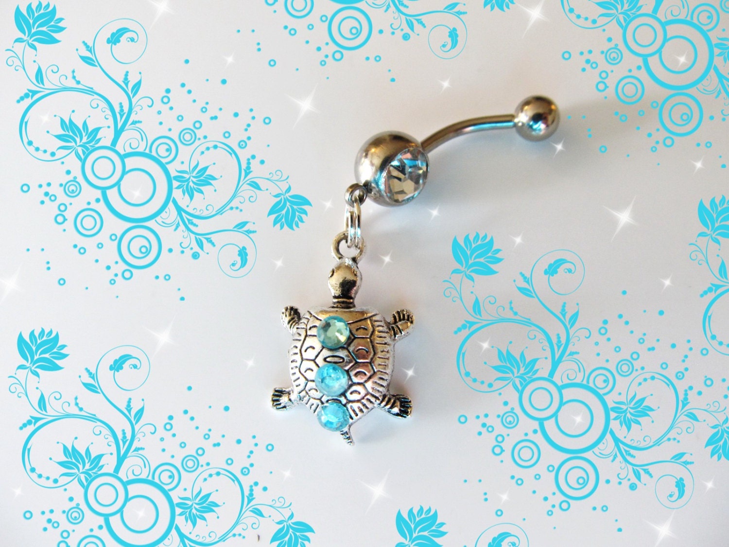 Sale-Belly Ring, Tibetan Silver Mini Baby Turtle With Blue Crystals, Belly Button Ring, Belly Button Jewelry, For Her