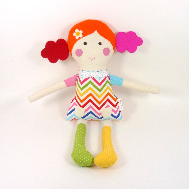 rainbow doll , rainbow rag doll , girl toy , rainbow fabric , multicolor rag doll , eco kid toy , green and yellow , pink and orange
