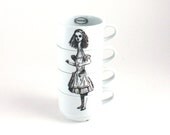 Alice in Wonderland 4 Espresso Cups Porcelain Drink Me Whimsical Literature English Stacking