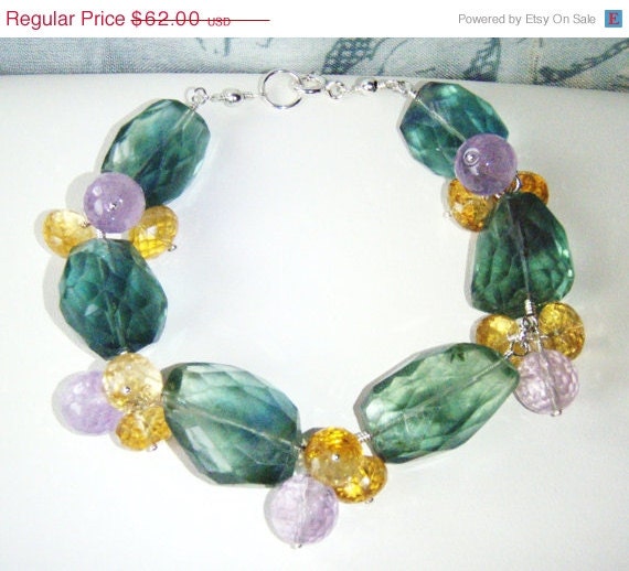 25% OFF Sterling silver bracelet with green fluorite, amethyst and citrine, chunky bracelet OOAK