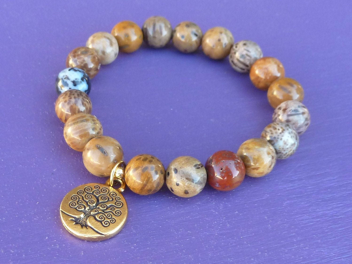 Petrified Wood Wrist Mala with Gold Tree of Life Charm, Grounding, Protection, Past Life Recall, Reiki Charged Bracelet, Free US Shipping